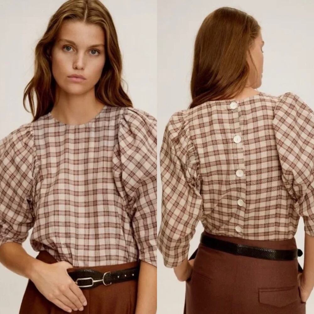 Mango Brown Glitter Plaid Brown Blouse
